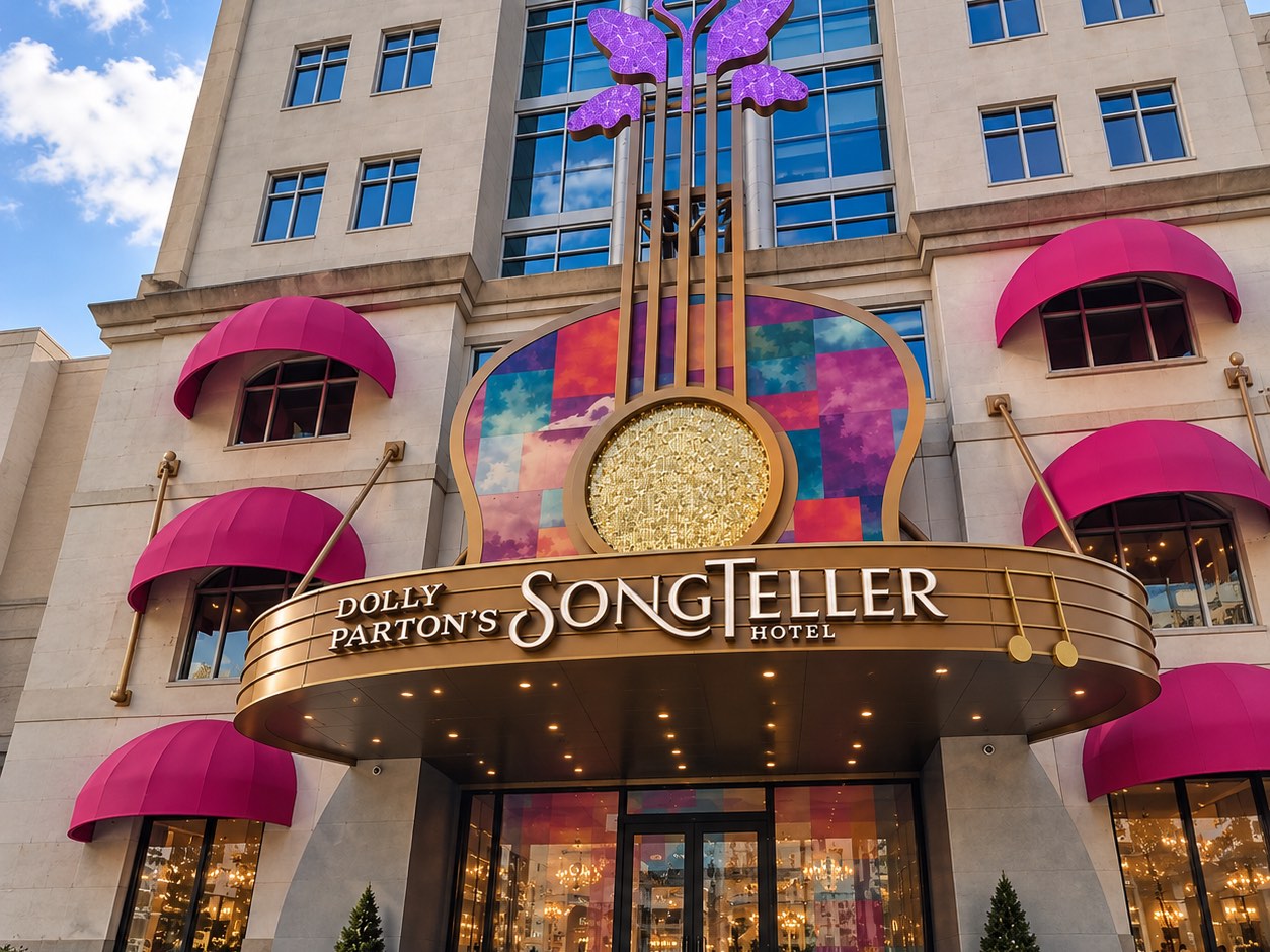 The front of Dolly Parton's SongTeller Hotel: a giant guitar topped with a purple butterfly rises over the gold marquee, with pink awnings on the windows