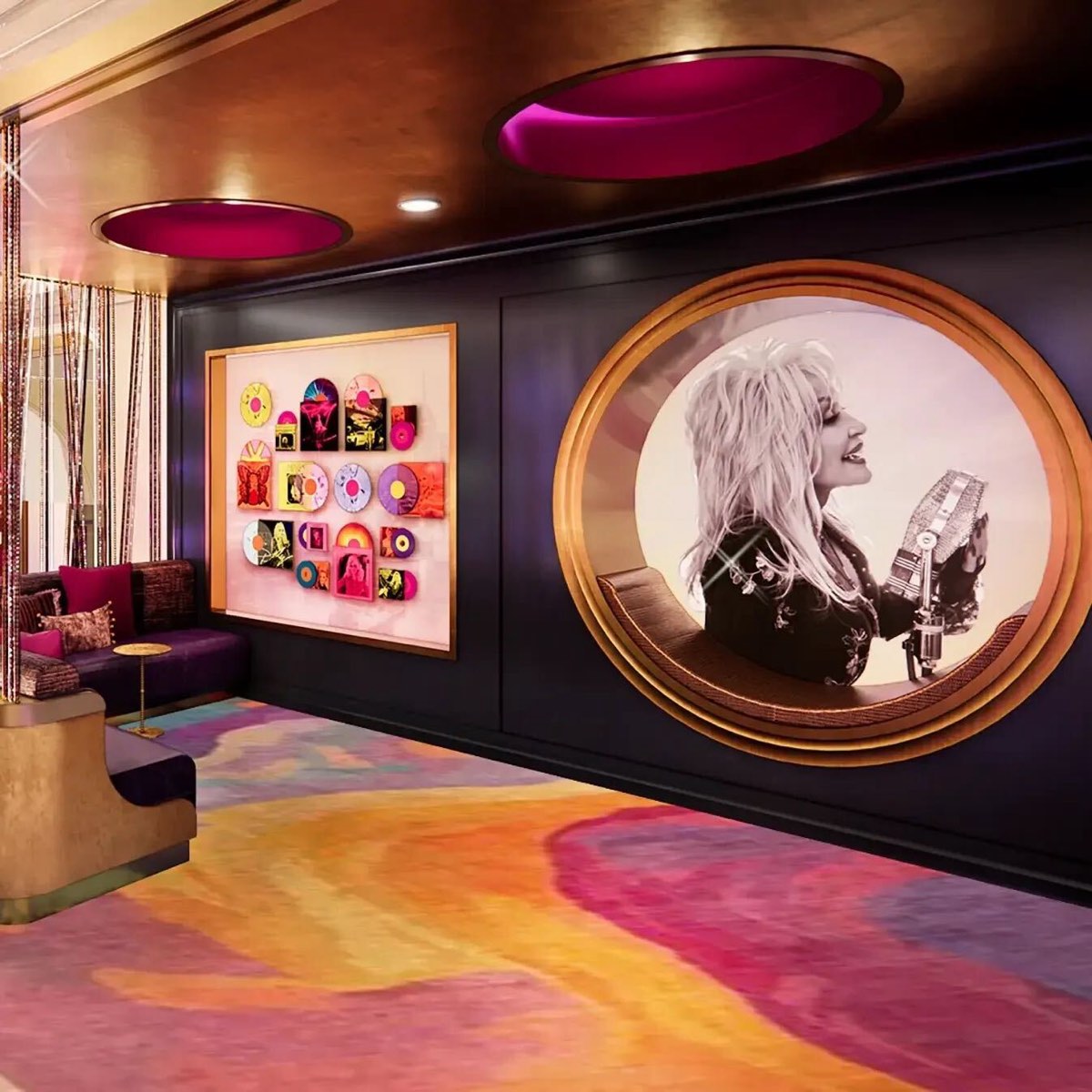 A SongTeller Hotel lounge with a round, gold-framed portrait of Dolly Parton singing into a vintage microphone and a wall of colored vinyl records