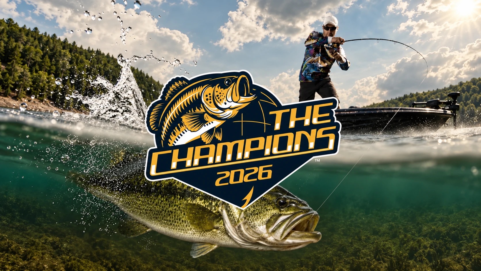 The Champions 2026 logo over an angler hooked into a bass, with the largemouth swimming below the surface