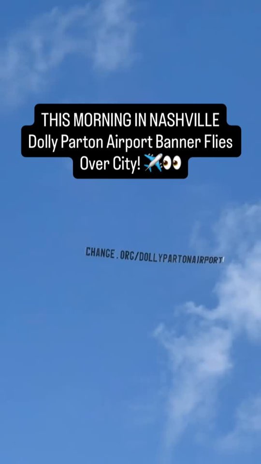 A banner for the Dolly Parton airport petition against a blue sky