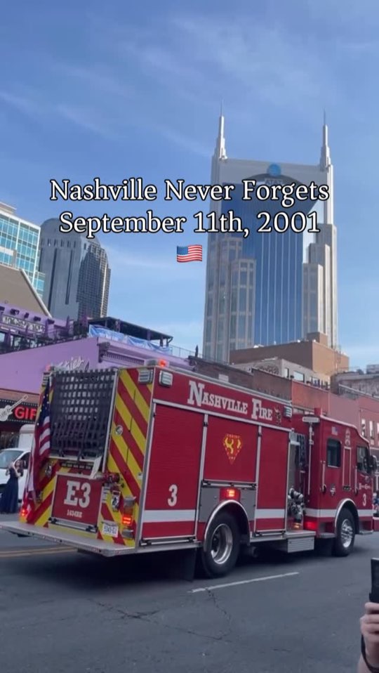 Nashville Fire Department Engine 3 downtown, with the AT&T Building behind it