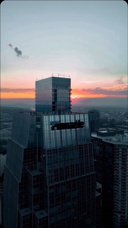 The Nashville skyline at sunrise from a high floor