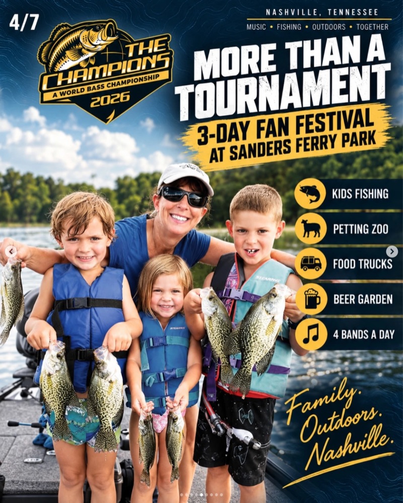 Fan Festival poster: three days at Sanders Ferry Park with kids fishing, a petting zoo, food trucks, a beer garden and four bands a day